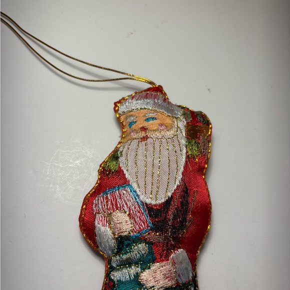 VTG Silk Embroidered Fabric Santa Ornaments Set Of Two Toy Sack Christmas Trees - Picture 11 of 12